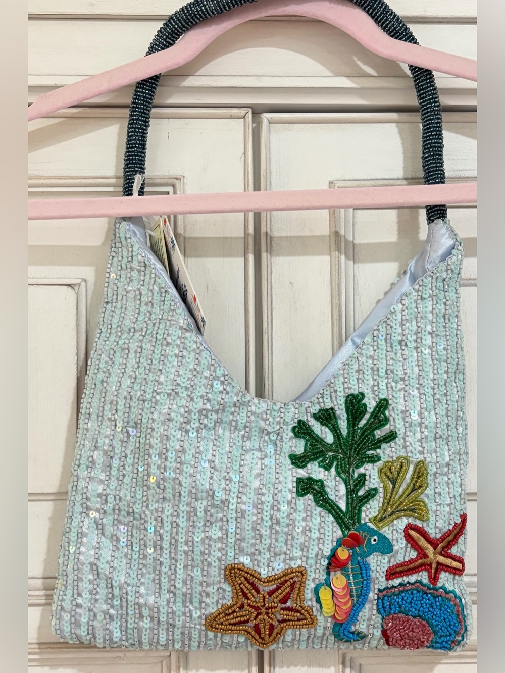 NWT Made in India Beaded Ocean Tote Handbag with Turtle & Shell Motif - Aqua - Picture 3 of 8
